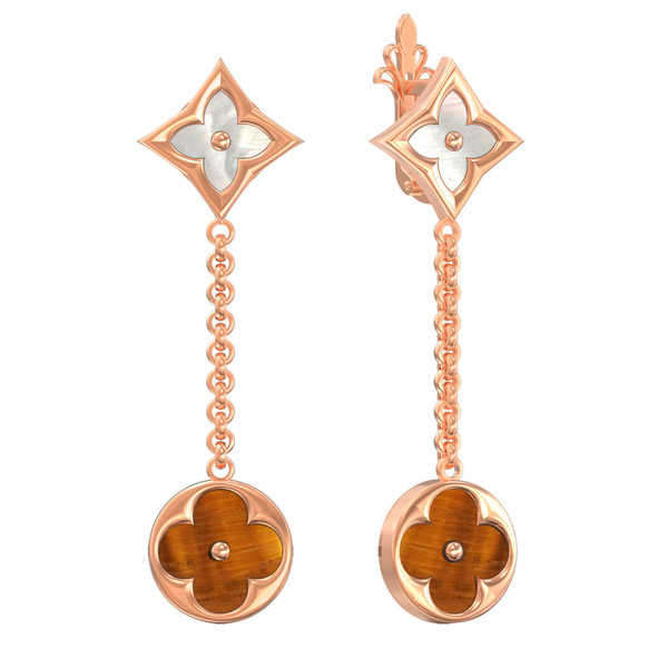 Серьги из золота c тигровым глазом и перламутром