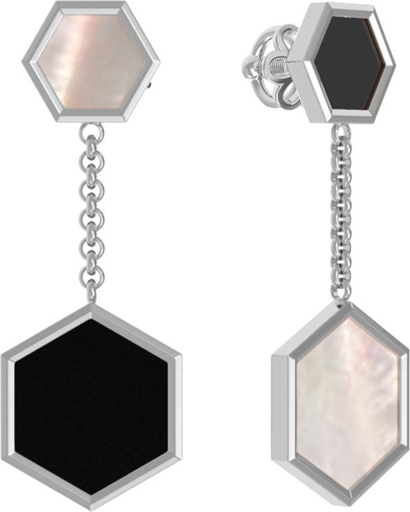 Серьги из белого золота c ониксом и перламутром