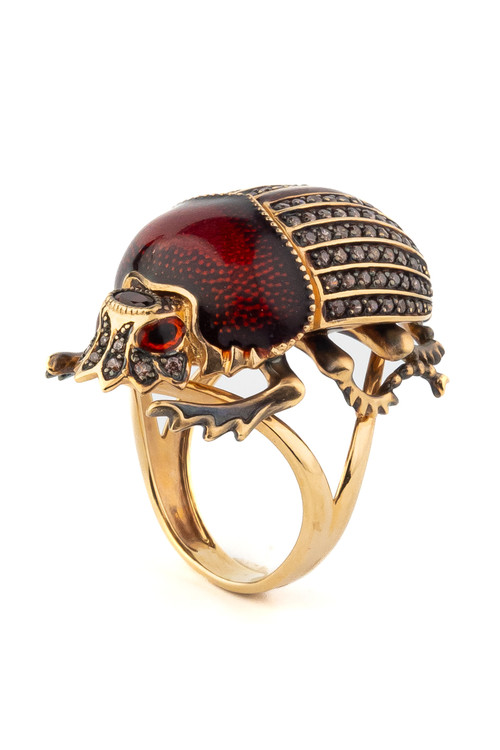 Кольцо из золота c эмалью, фианитом и гранатом