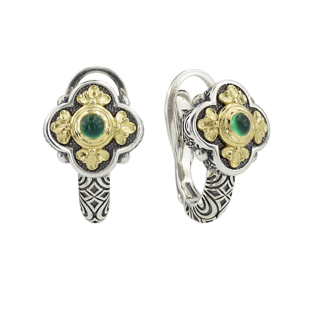 Серьги из серебра и золота c хризопразом и рубином