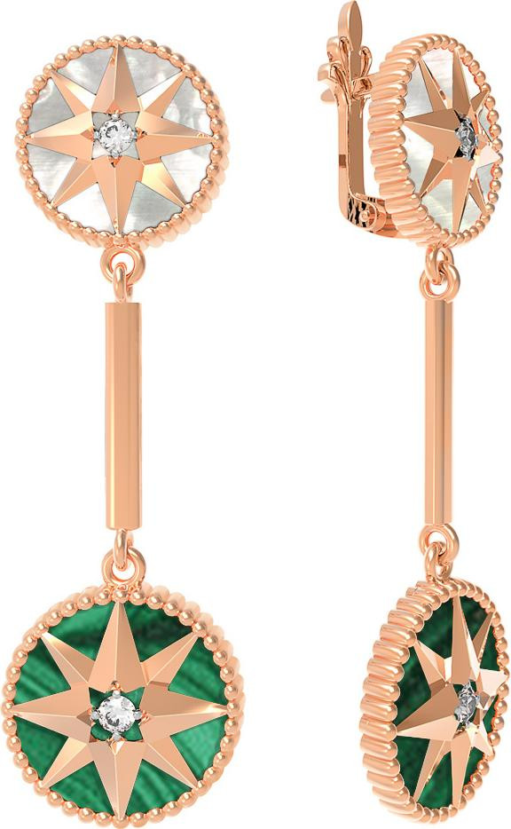 Серьги из золота c фианитом, малахитом и перламутром