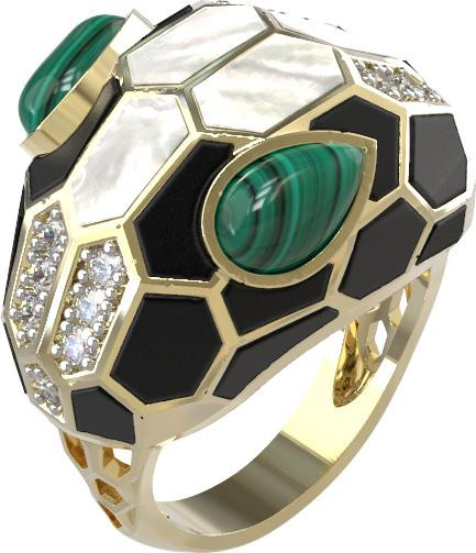 Кольцо из лимонного золота c бриллиантами, рубином, ониксом, малахитом и перламутром