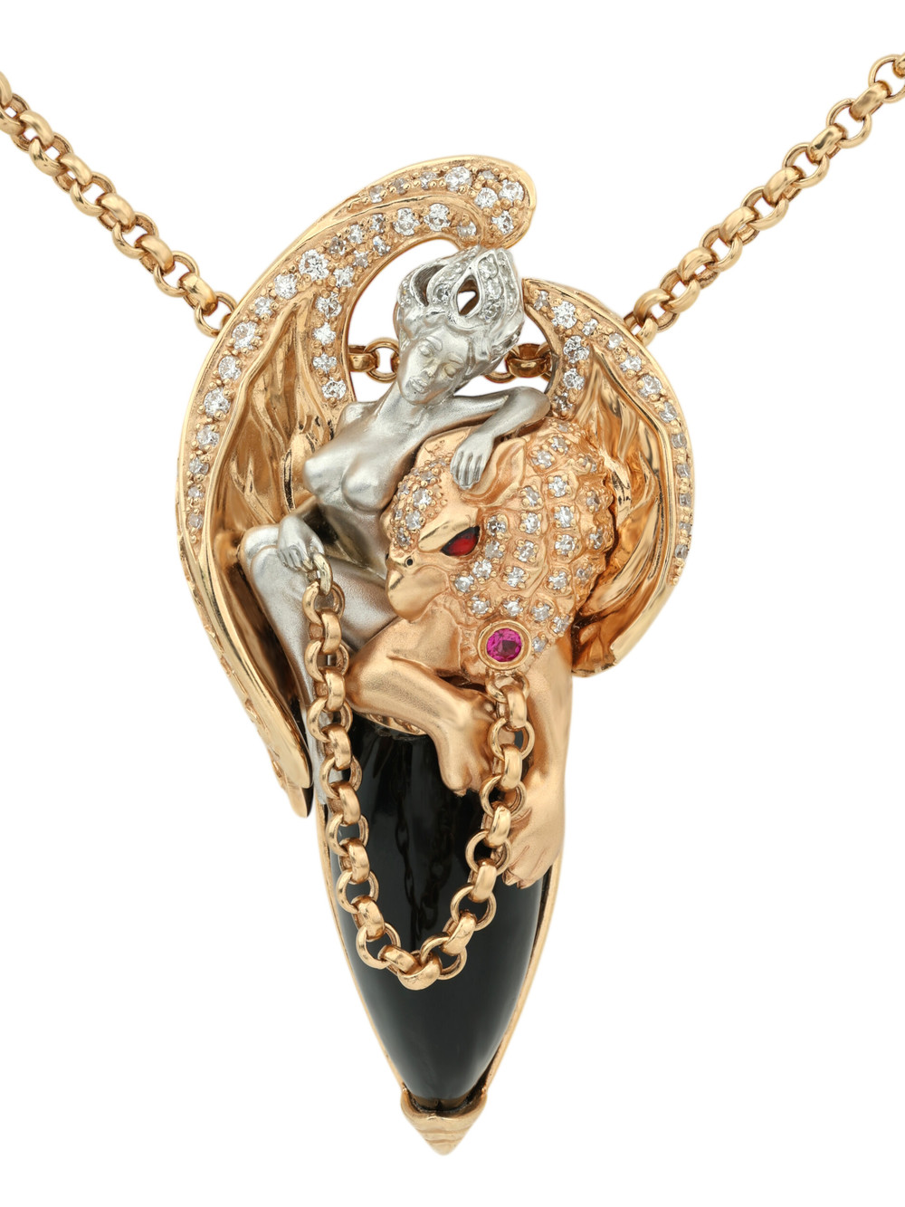 Колье из золота c эмалью, бриллиантами, рубином и ониксом