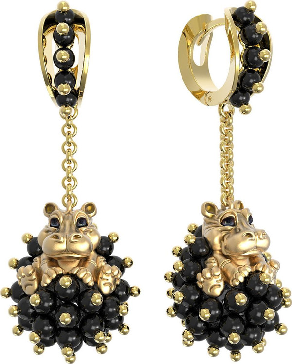 Серьги из лимонного золота c эмалью и ониксом