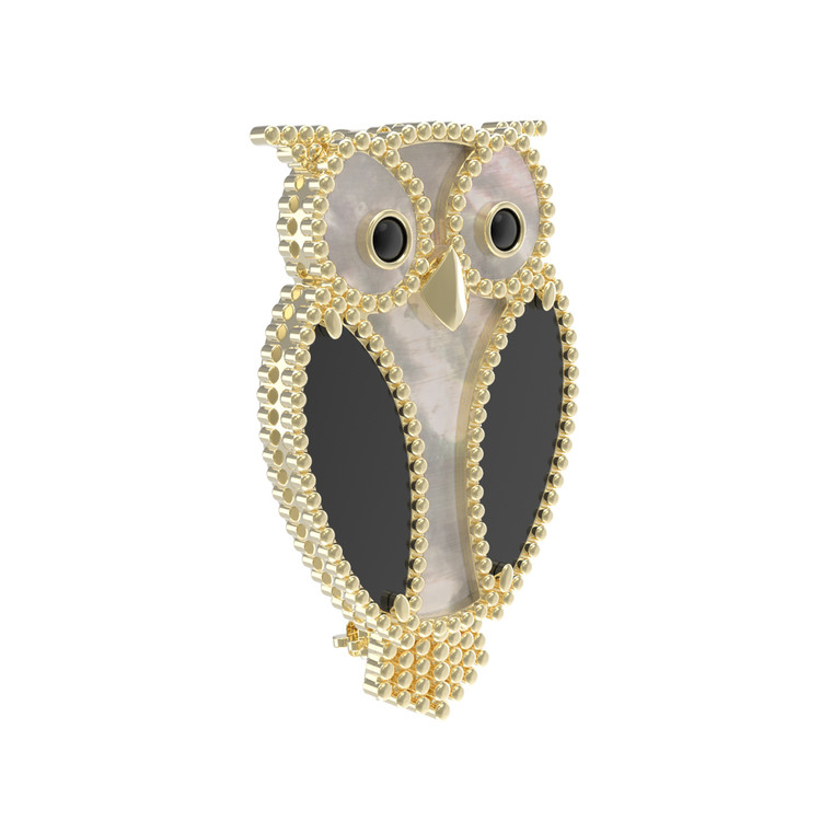 Брошь из лимонного золота c эмалью, ониксом и перламутром