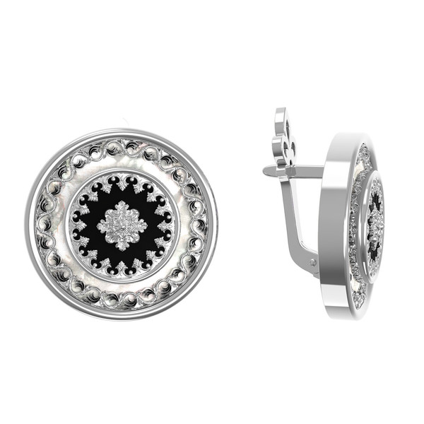 Серьги из белого золота c ониксом и перламутром