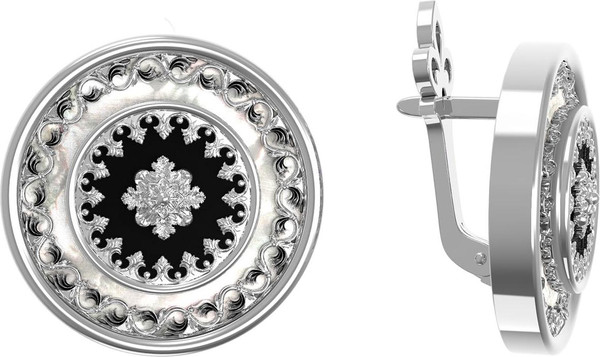 Серьги из белого золота c ониксом и перламутром