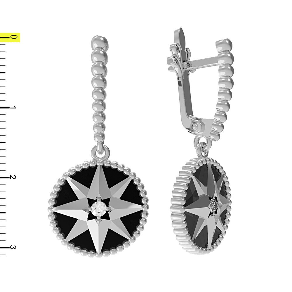 Серьги из белого золота c фианитом и ониксом