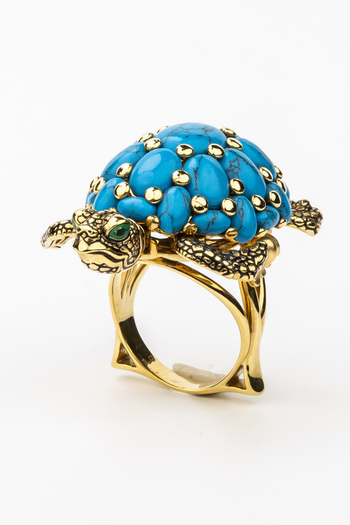 Кольцо из лимонного золота c эмалью и бирюзой