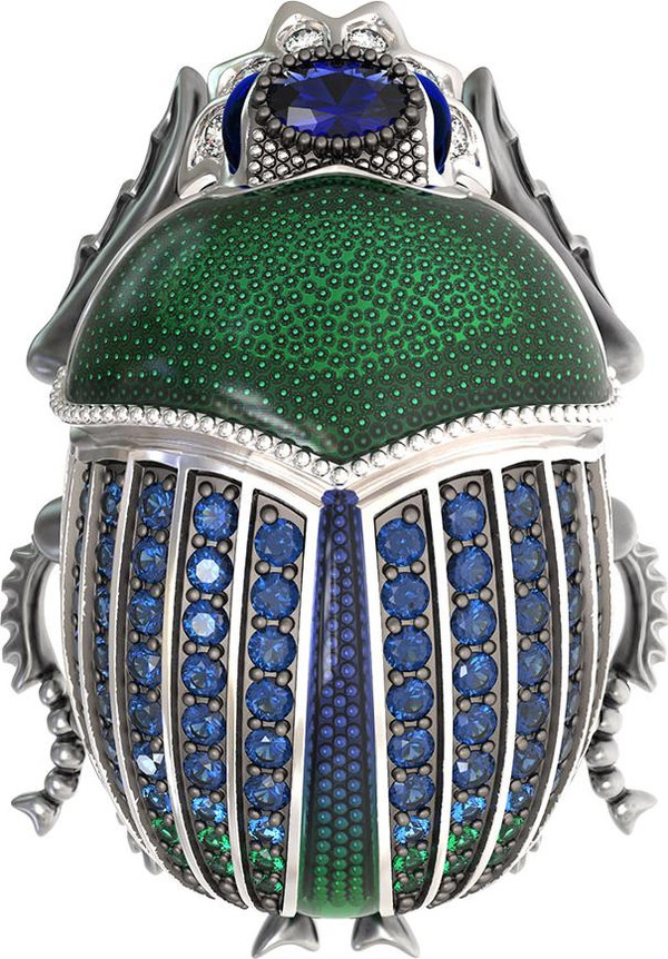 Брошь из белого золота c эмалью, фианитом и сапфиром