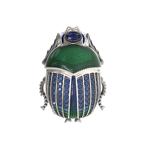 Брошь из белого золота c эмалью, фианитом и сапфиром