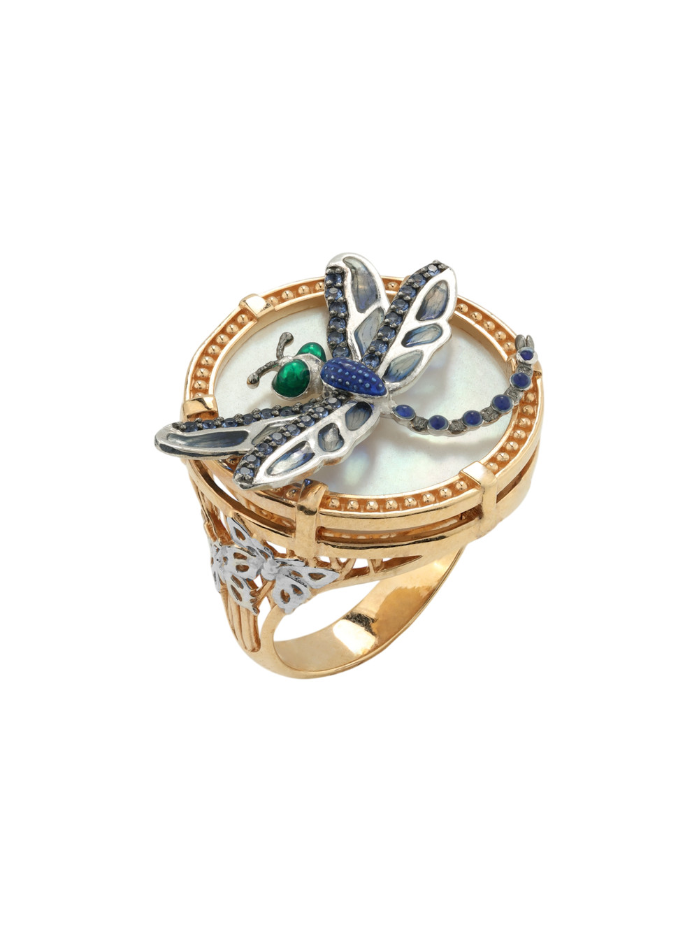Кольцо из золота c сапфиром, эмалью и перламутром