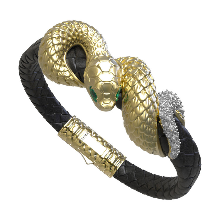 Браслет из лимонного золота c бриллиантами, изумрудом и шнурком