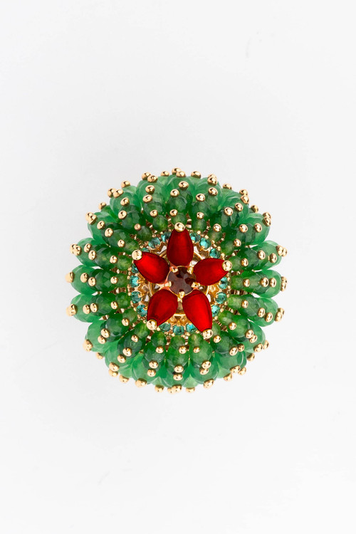 Кольцо из золота c гранатом, хризопразом, изумрудом и кораллом