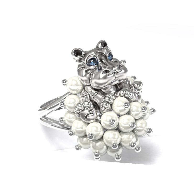 Кольцо из белого золота c эмалью и жемчугом