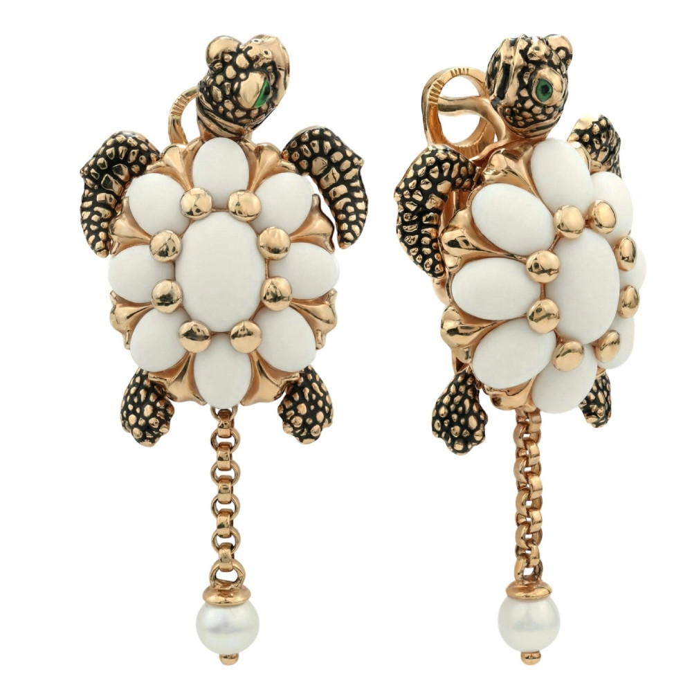 Серьги из золота c эмалью, жемчугом и бивнем мамонта