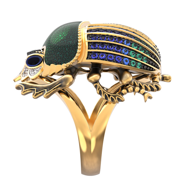 Кольцо из лимонного золота c эмалью, фианитом и турмалином