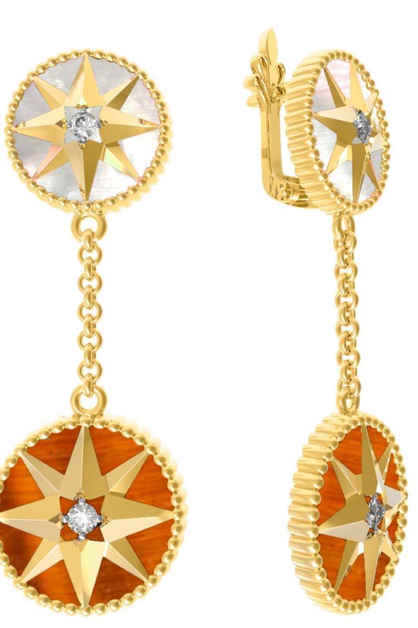 Серьги из лимонного золота c фианитом, тигровым глазом и перламутром