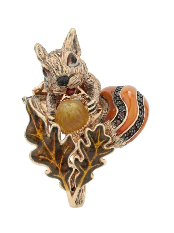 Кольцо из золота c эмалью, гранатом и янтарём