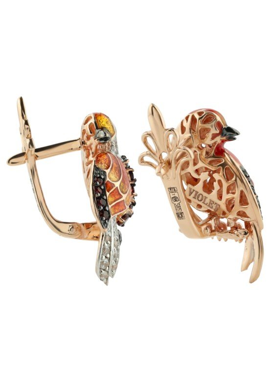 Серьги из золота c эмалью, фианитом и гранатом