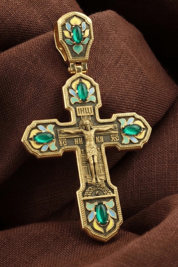 Крест из лимонного золота c эмалью и хризопразом