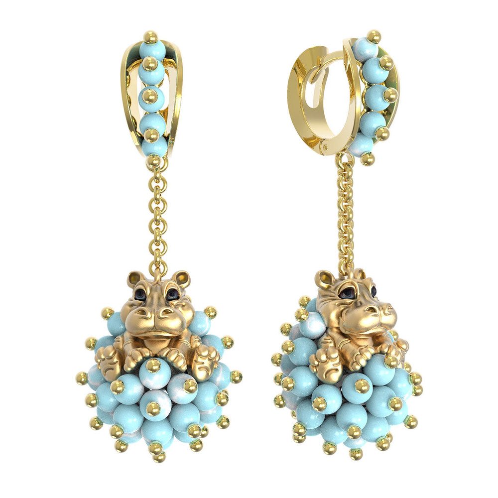 Серьги из лимонного золота c эмалью и бирюзой