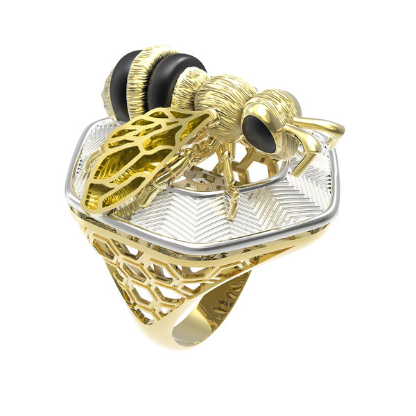 Кольцо из лимонного золота c эмалью, ониксом и эмалью