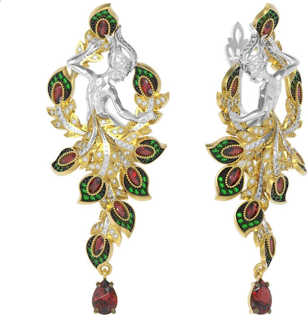 Серьги из лимонного золота c фианитом и гранатом