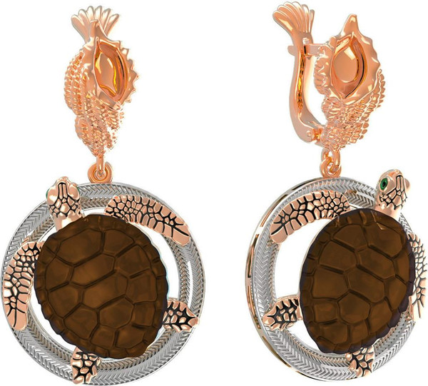 Серьги из золота c эмалью и железным деревом