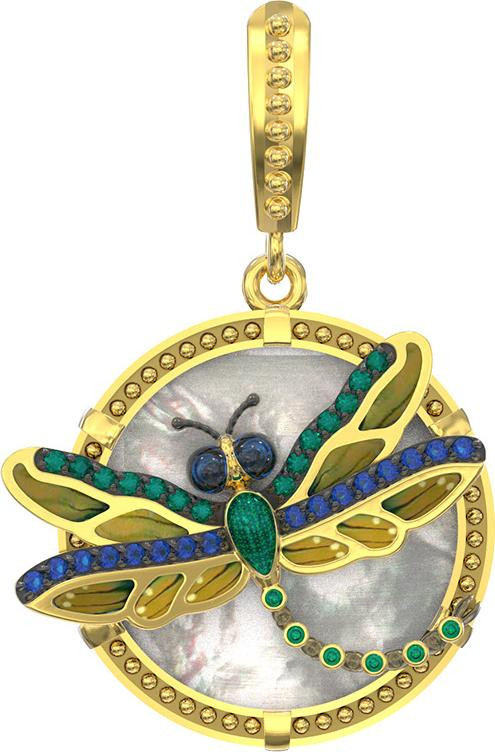 Подвеска из лимонного золота c сапфиром, изумрудом, эмалью и перламутром