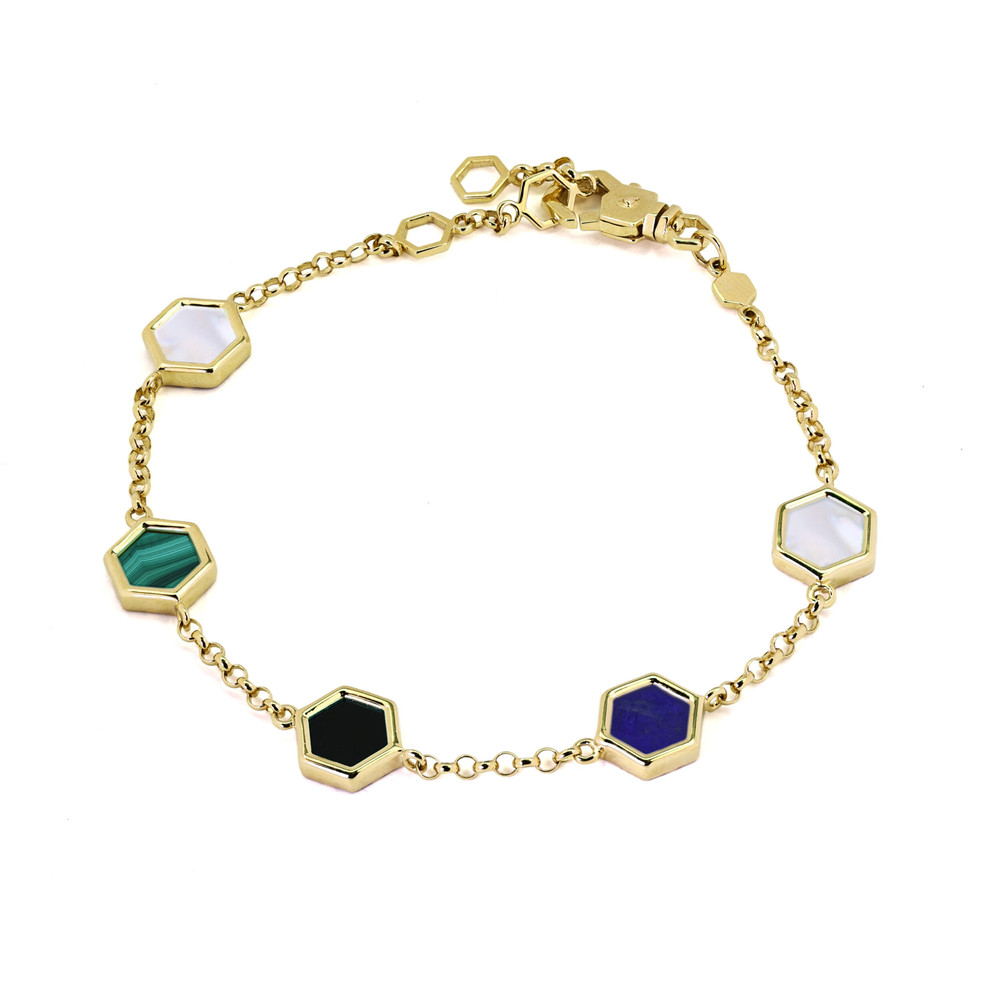 Браслет из лимонного золота c ониксом, лазуритом, малахитом и перламутром
