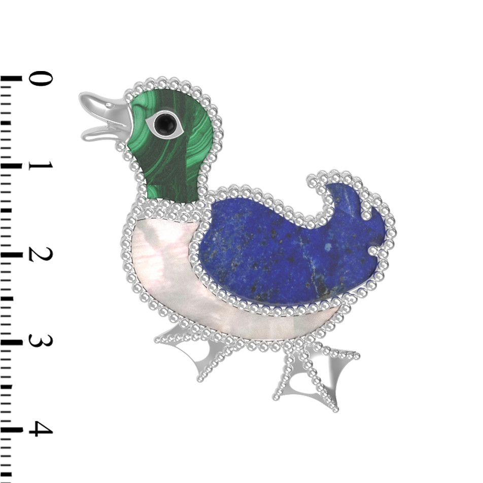 Брошь из белого золота c эмалью, лазуритом, малахитом и перламутром