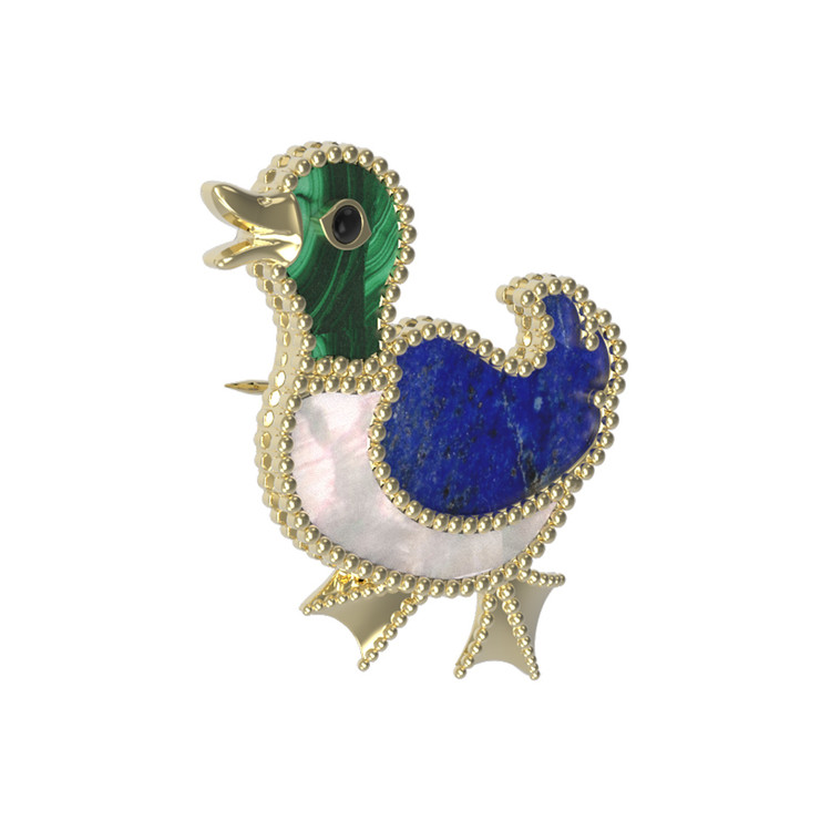 Брошь из лимонного золота c эмалью, лазуритом, малахитом и перламутром