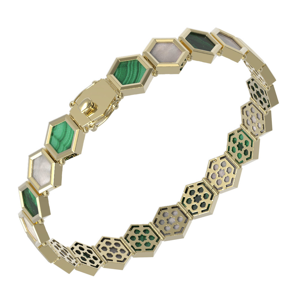 Браслет из лимонного золота c малахитом и перламутром