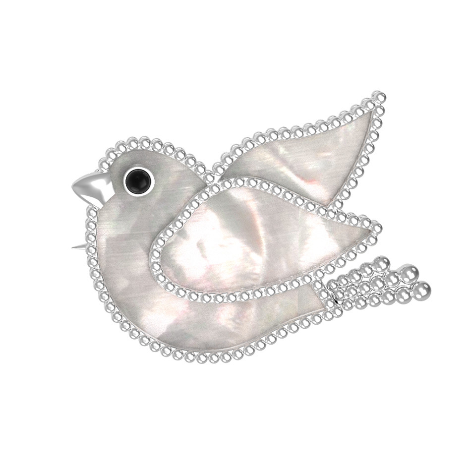 Брошь из белого золота c эмалью и перламутром