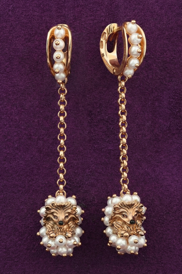 Серьги из золота c эмалью и жемчугом