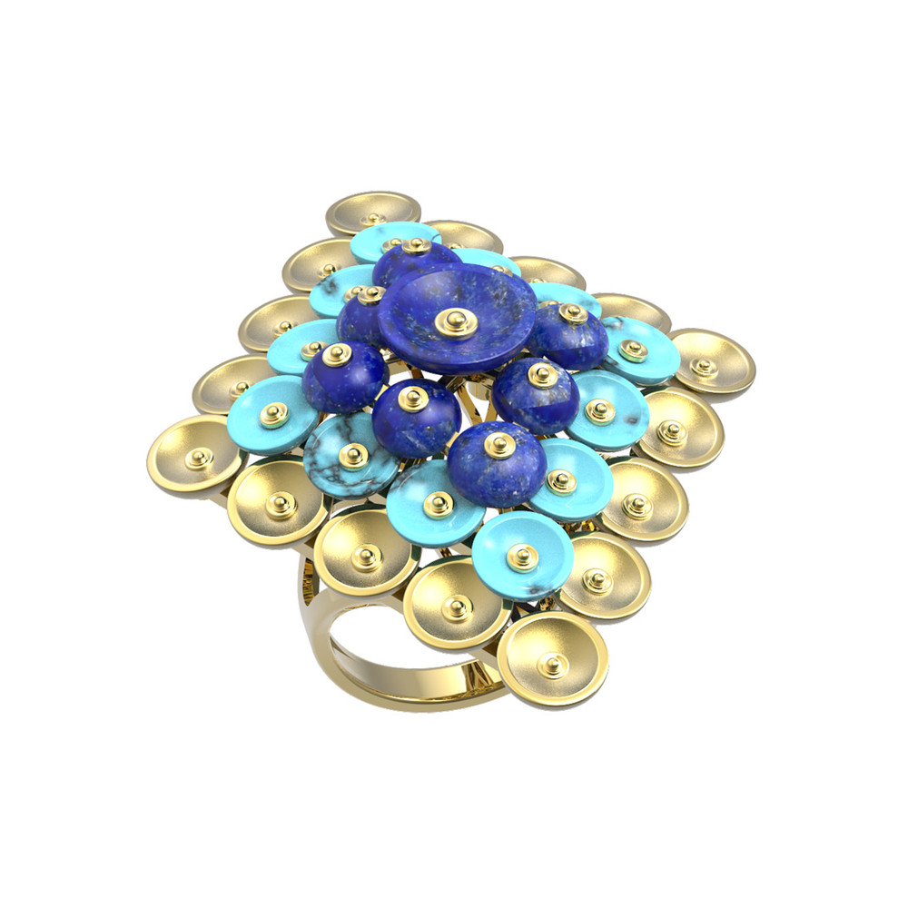 Кольцо из лимонного золота c бирюзой и лазуритом