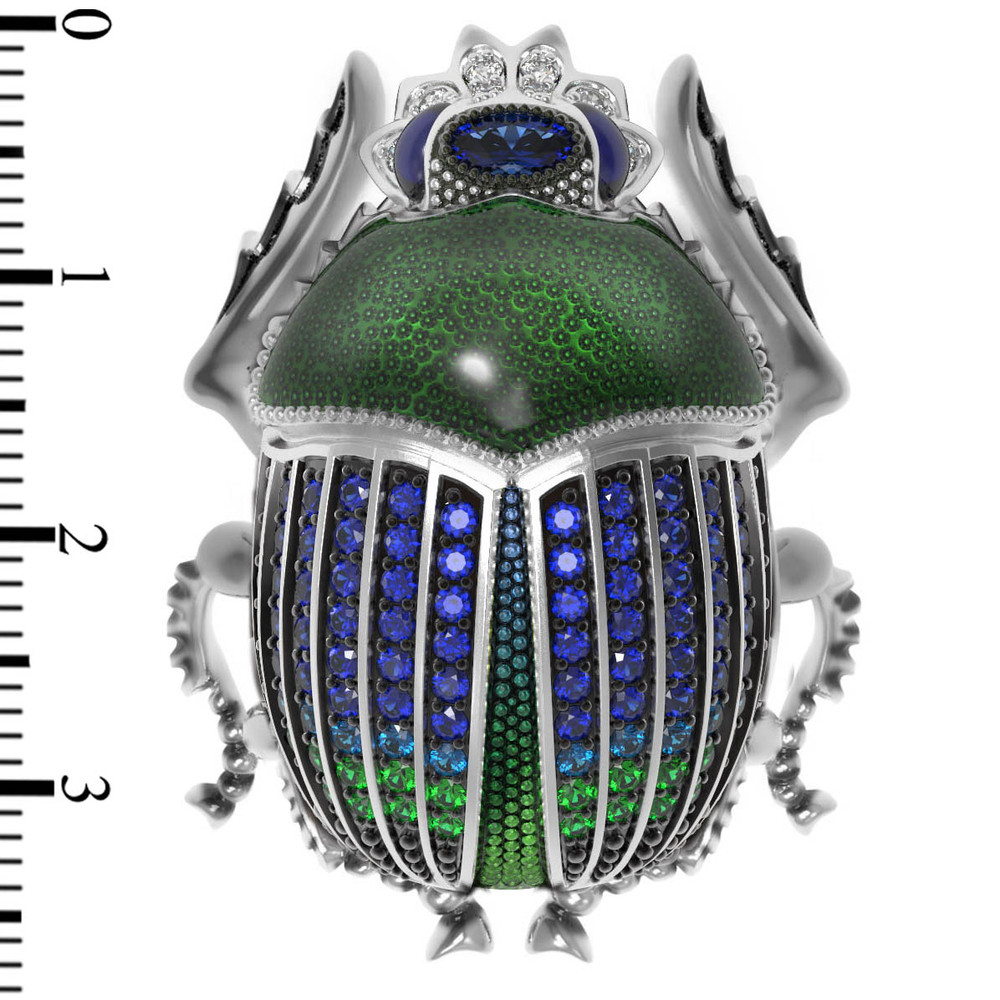 Брошь из белого золота c эмалью, фианитом и сапфиром