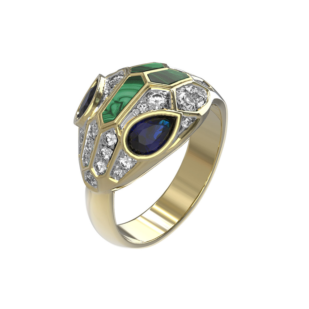 Кольцо из лимонного золота c бриллиантами, сапфиром и малахитом