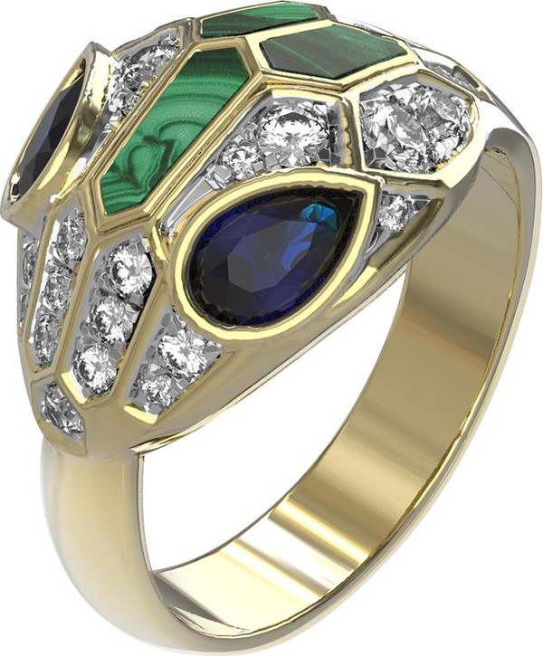 Кольцо из лимонного золота c бриллиантами, сапфиром и малахитом
