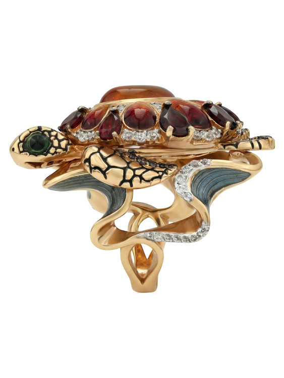 Кольцо из золота c эмалью, фианитом, гранатом и янтарём