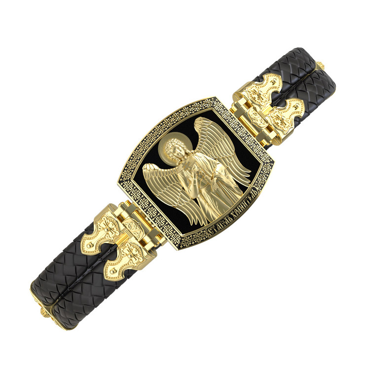 Браслет из лимонного золота c эмалью, шнурком и ониксом