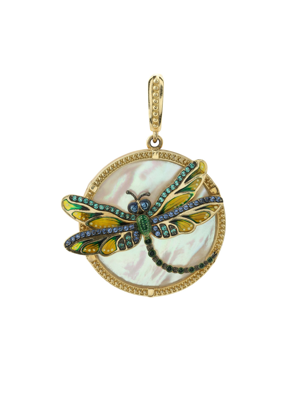 Подвеска из лимонного золота c сапфиром, изумрудом, эмалью и перламутром