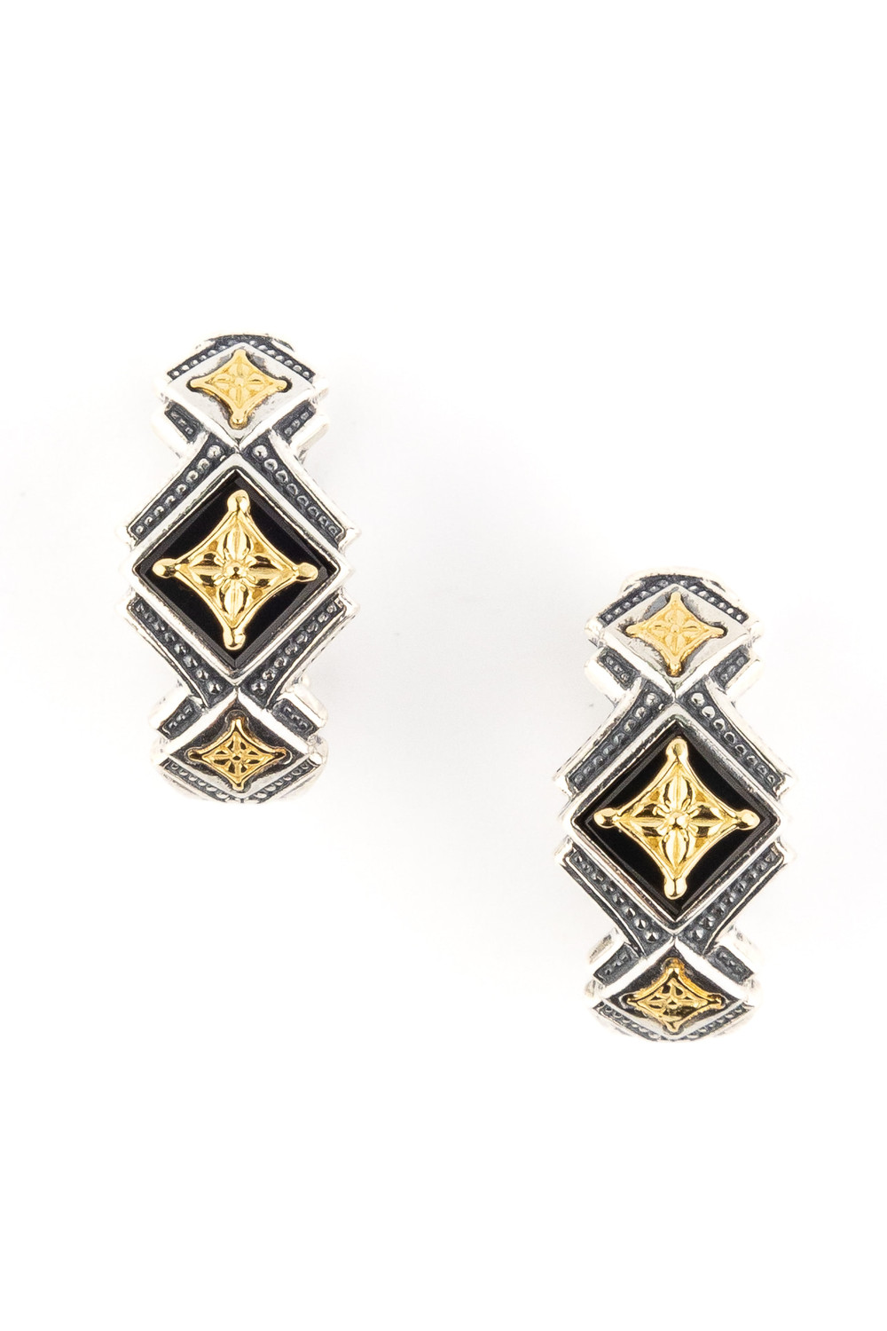 Серьги из серебра и золота c ониксом и рубином