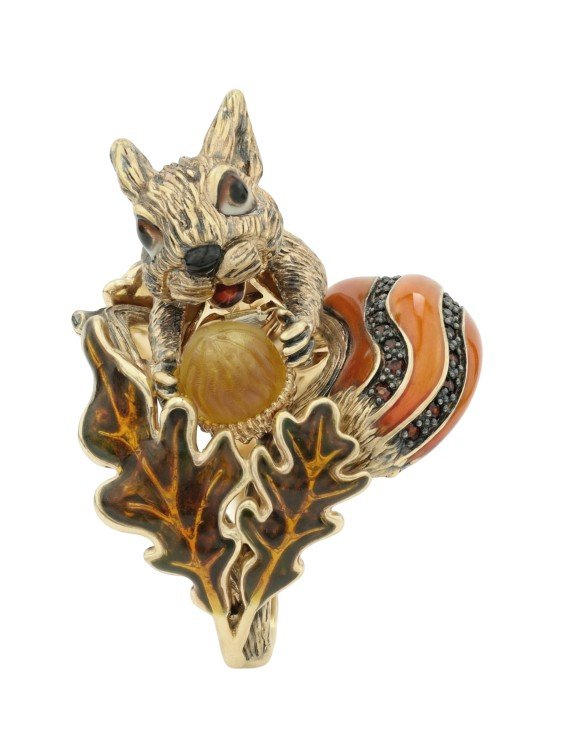 Кольцо из лимонного золота c эмалью, гранатом и янтарём