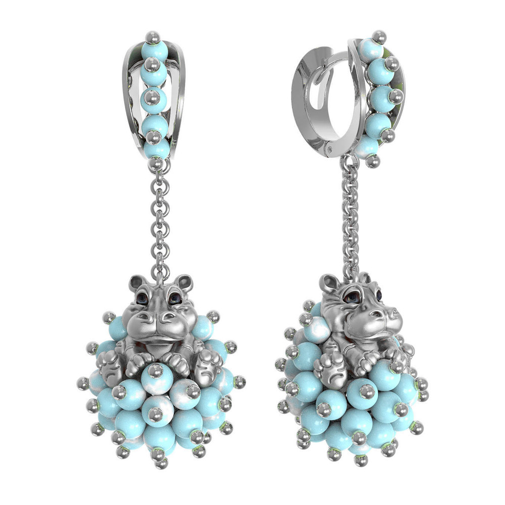 Серьги из белого золота c эмалью и бирюзой