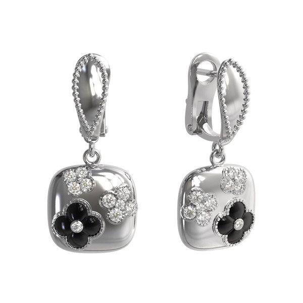 Серьги из белого золота c бриллиантами и ониксом