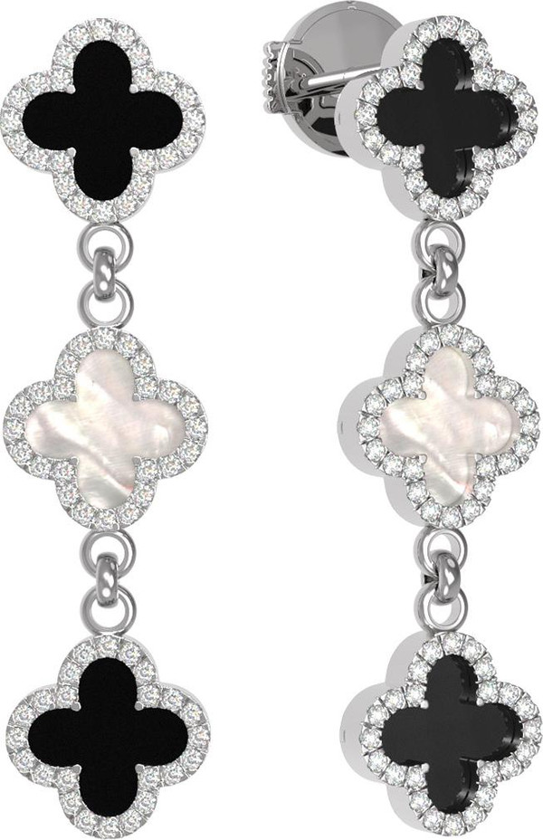 Серьги из белого золота c бриллиантами, ониксом и перламутром