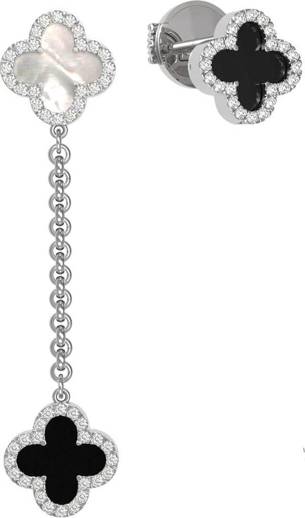 Серьги из белого золота c бриллиантами, ониксом и перламутром