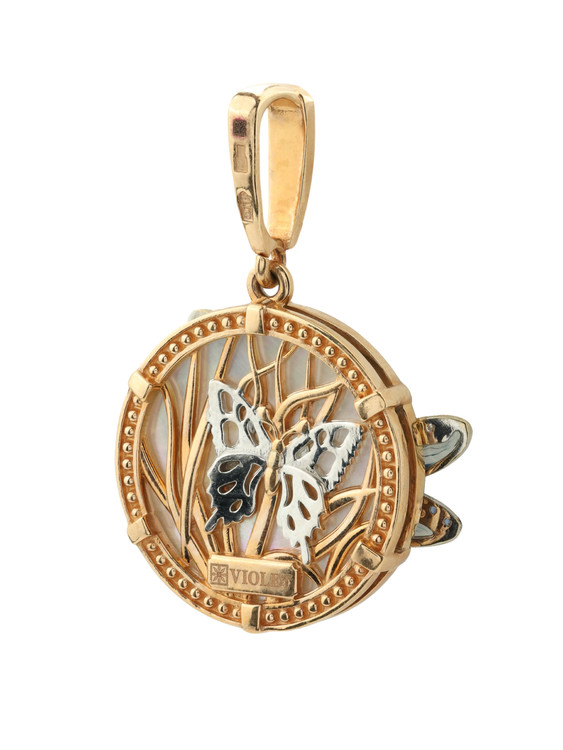 Подвеска из золота c сапфиром, эмалью и перламутром